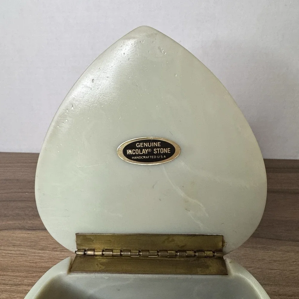 Vintage Incolay Stone Gray Heart Cameo Jewelry Box Doves Roses Velvet Lined 6x6